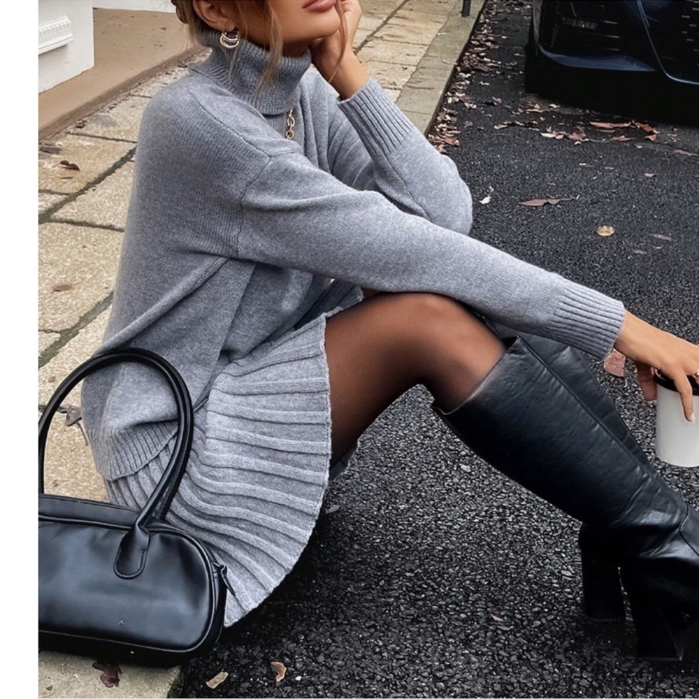 Classic Turtleneck Knit Sweater Textured Mini Skirt Set S M L XL